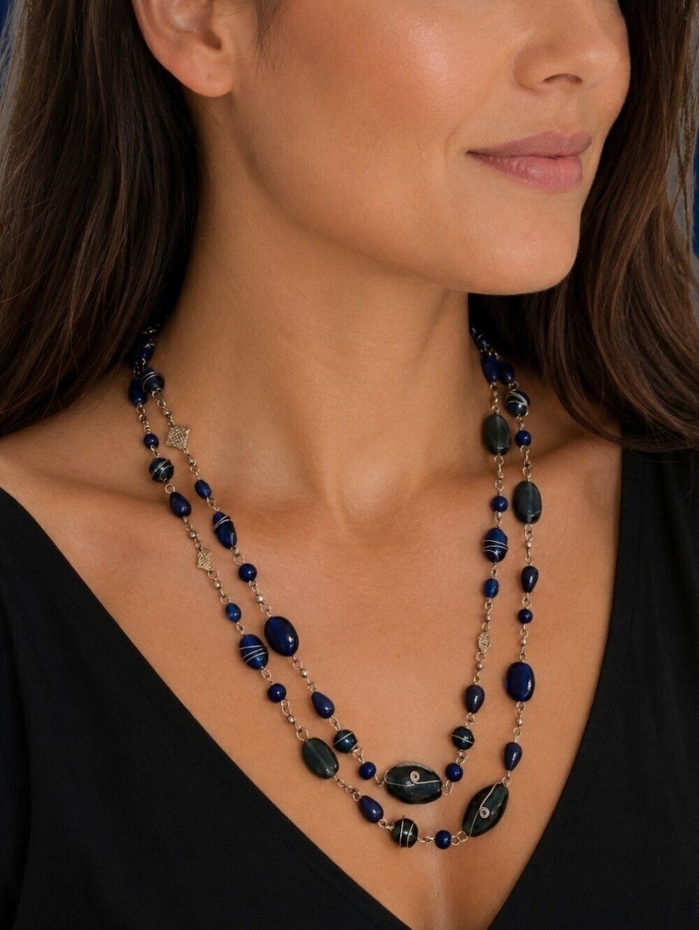 HANDMADE Cobalt Blue Glass Wire Wrapped Beaded Long Necklace
